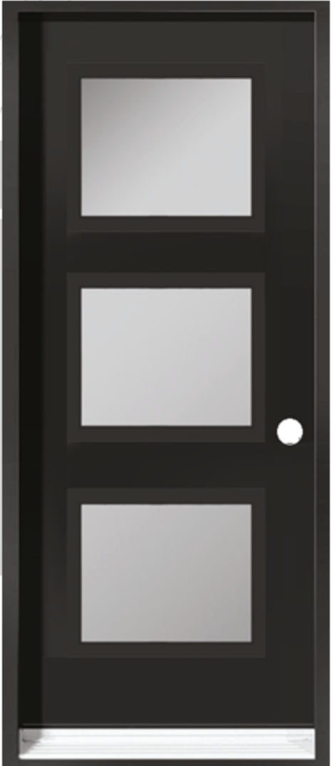 Porte noire avec trois fenêtres rectangulaires en verre et une poignée ronde.