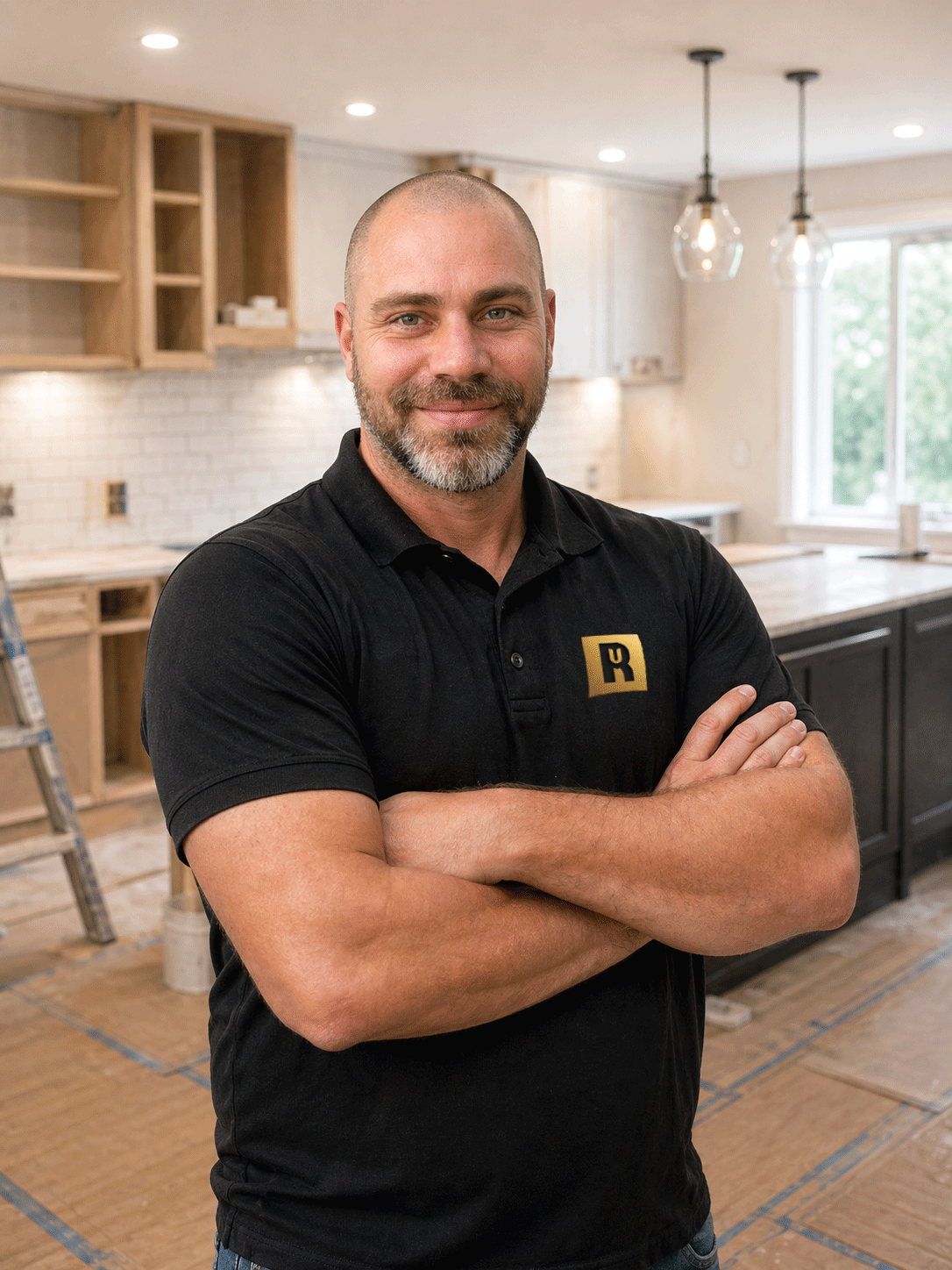 Un homme souriant avec une barbe, portant une chemise noire avec un logo, se tient dans une cuisine en rénovation avec des étagères en bois et des lumières suspendues.