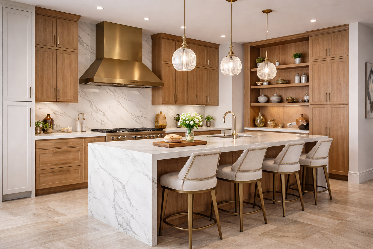 Cuisine moderne avec îlot en marbre blanc, chaises en tissu beige, armoires en bois naturel, hotte en métal doré, étagères ouvertes avec vaisselle décorative, éclairage suspendu
