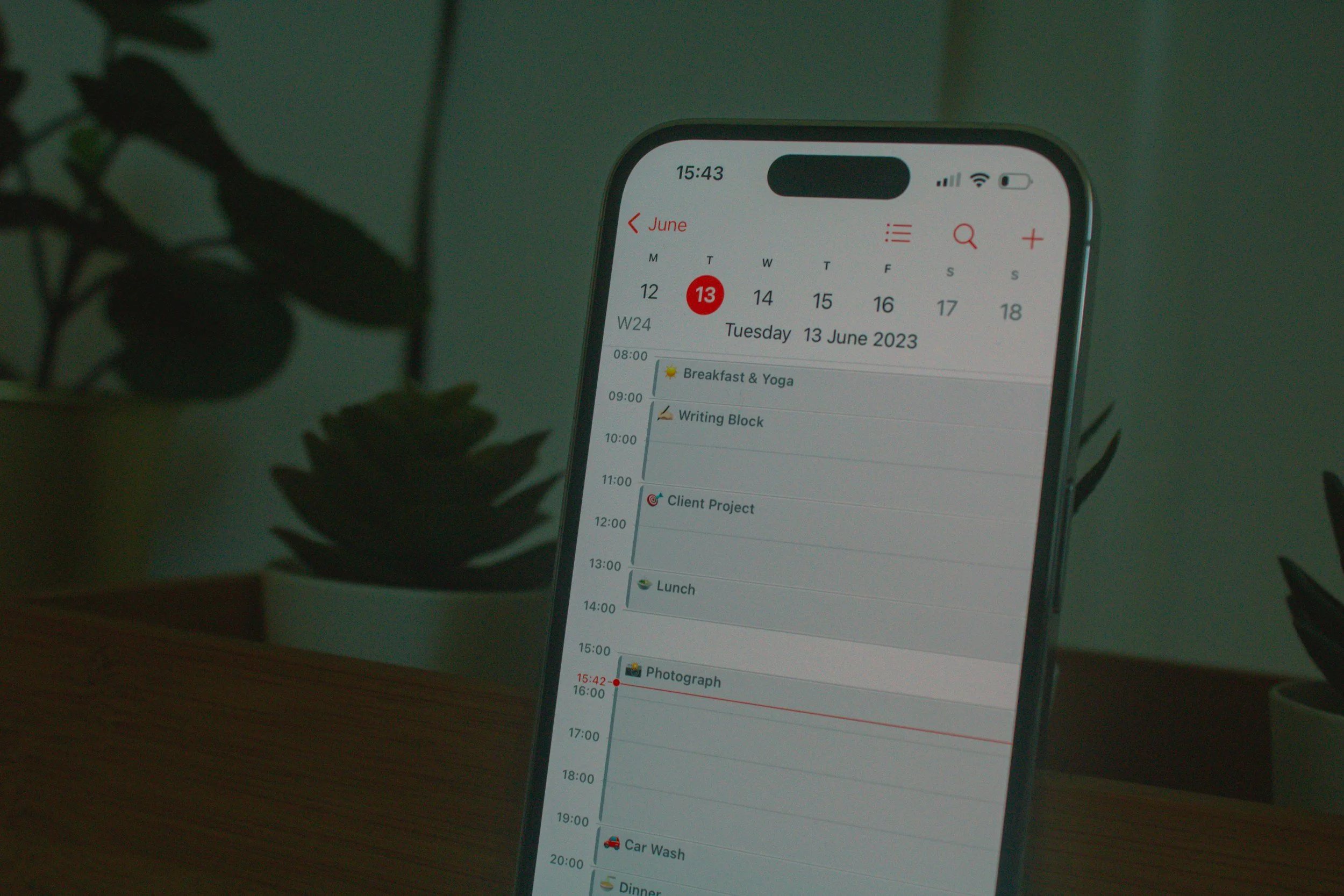 Smartphone displaying a digital calendar for June 13, 2023, with scheduled events including breakfast and yoga, writing block, client project, lunch, photograph, car wash, and dinner. The phone is placed on a wooden surface with plants in the background.