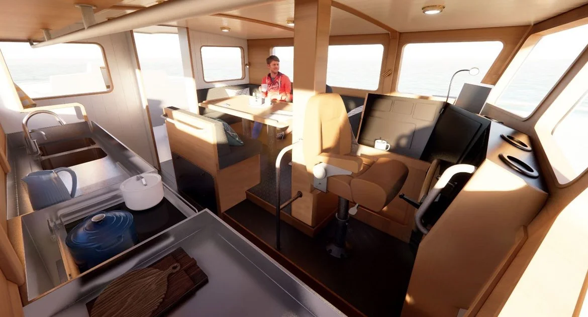 Intérieur d'un bateau avec cuisine, espace repas et salon, vue sur la mer.