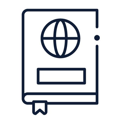 Livre ou carnet avec un symbole de globe terrestre sur la couverture.
