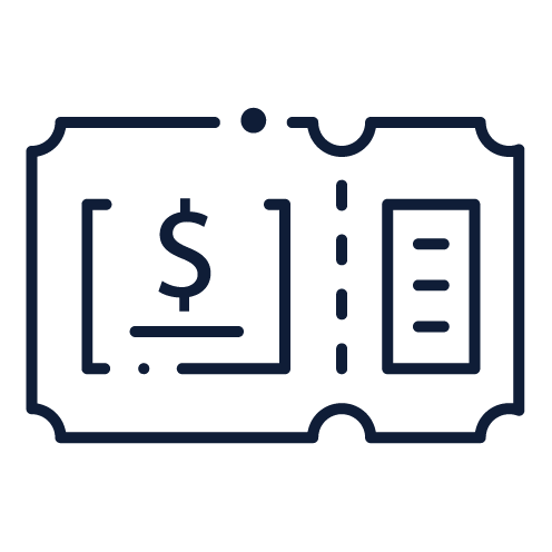 Icône représentant un billet de cinéma, avec symbole dollar et espace pour compléter des détails.