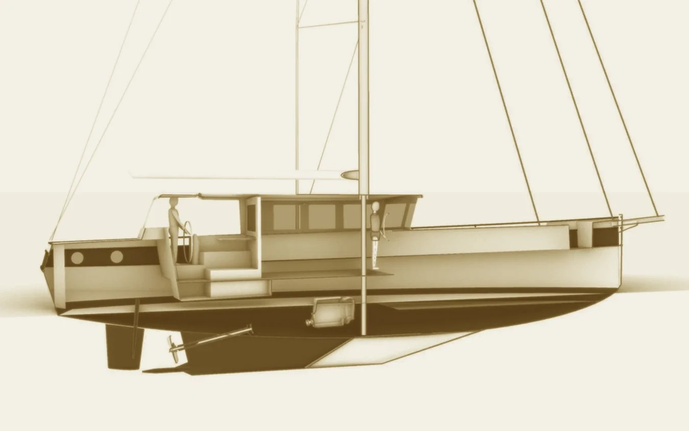Plan d'une conception de bateau montrant le pont, la cabine et les voiles, avec deux mannequins debout sur le pont.