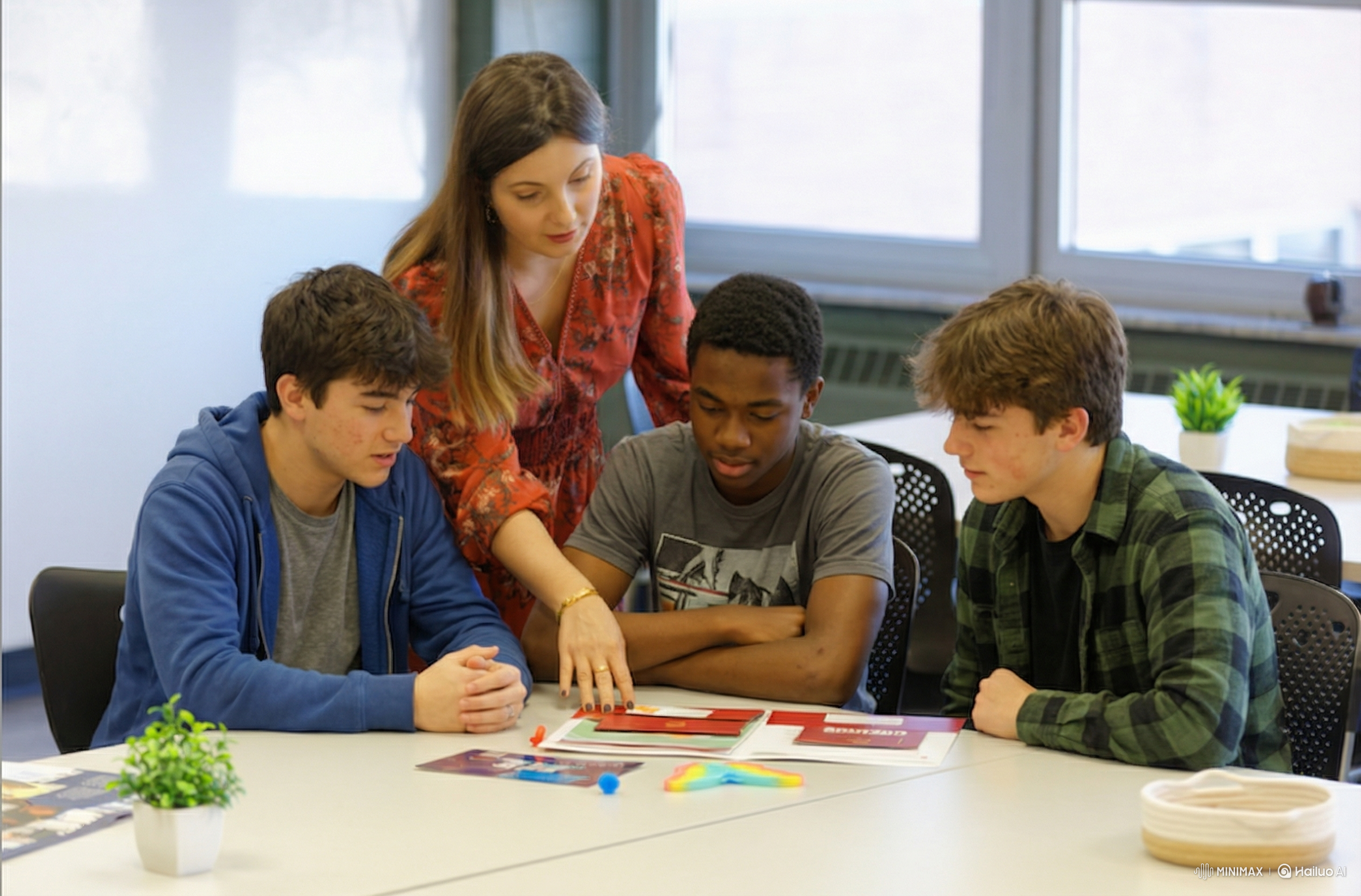 A teacher and three teenage boys sitting around a table having a discussion, reading a book, with books and colorful toys on the table, and plants in the foreground.