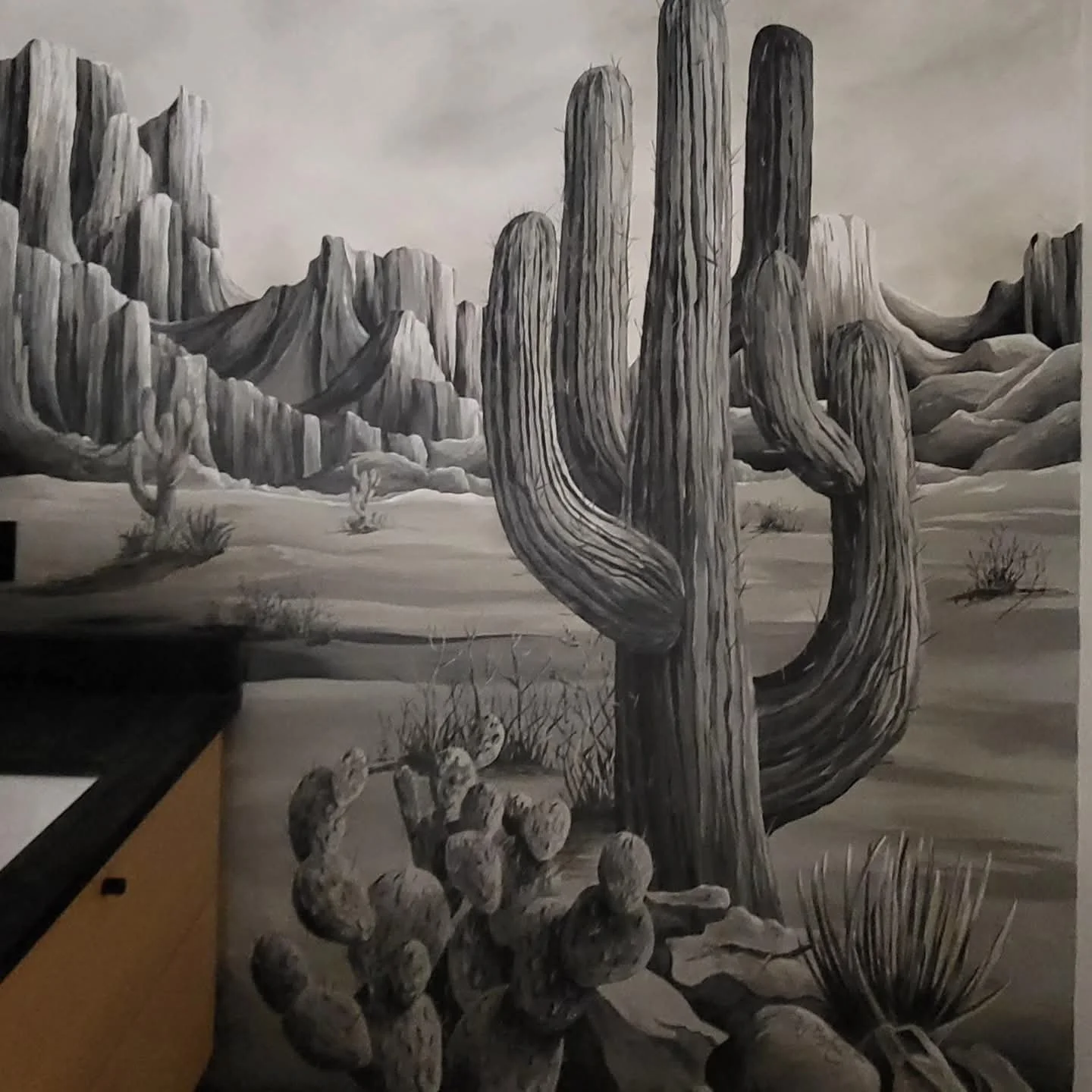 Black and white desert landscape mural featuring tall saguaro cacti, smaller cacti, desert shrubs, and rocky formations in the background.