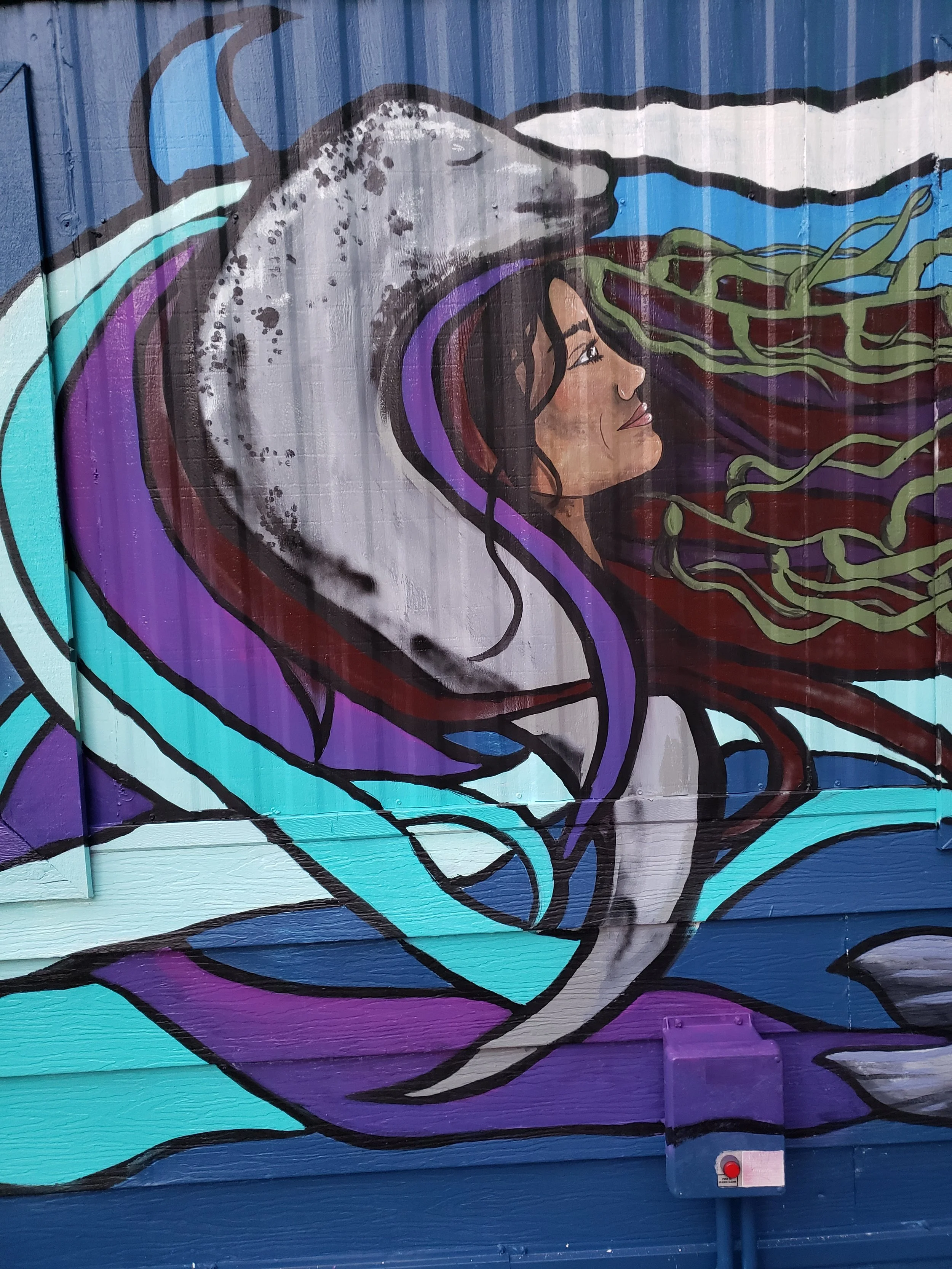 Colorful mural of a woman with long, dark hair, wearing a hood, with flowing hair and stylized weather and ocean elements around her.