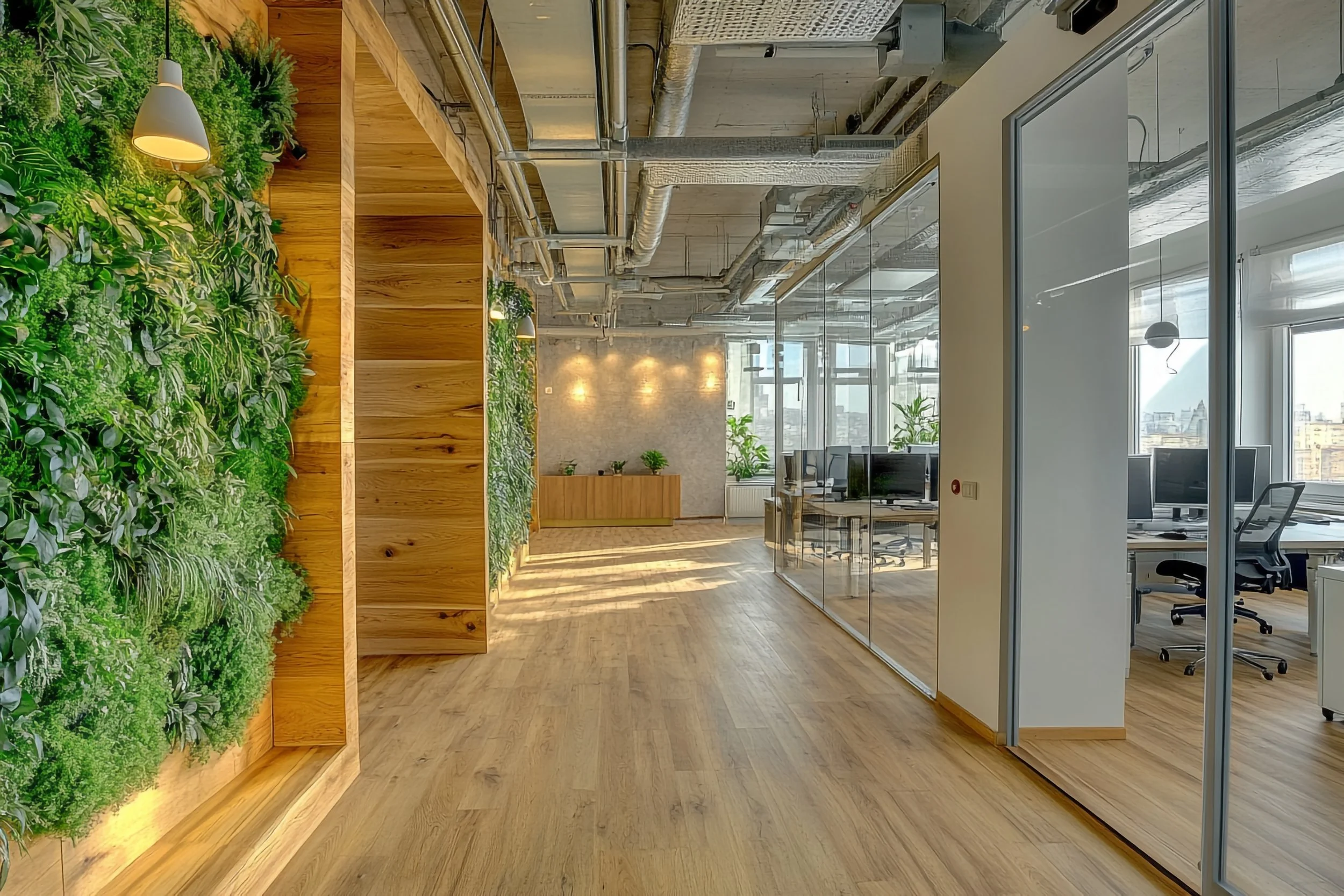 Modern office space with a green vertical garden on the left side, wooden floor and panels, glass walls on the right, and work desks with chairs visible through the glass. Windows allow natural light to illuminate the room.
