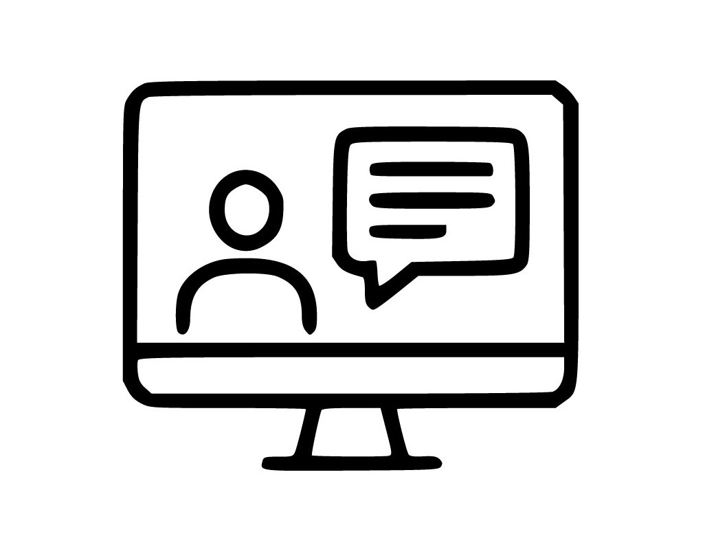 Outline drawing of a computer monitor with a person icon and a speech bubble on the screen.