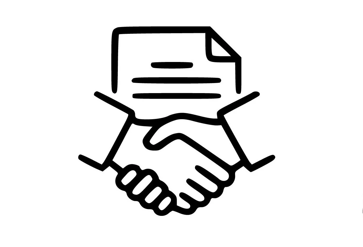 Line drawing of two hands shaking, with a document above them.