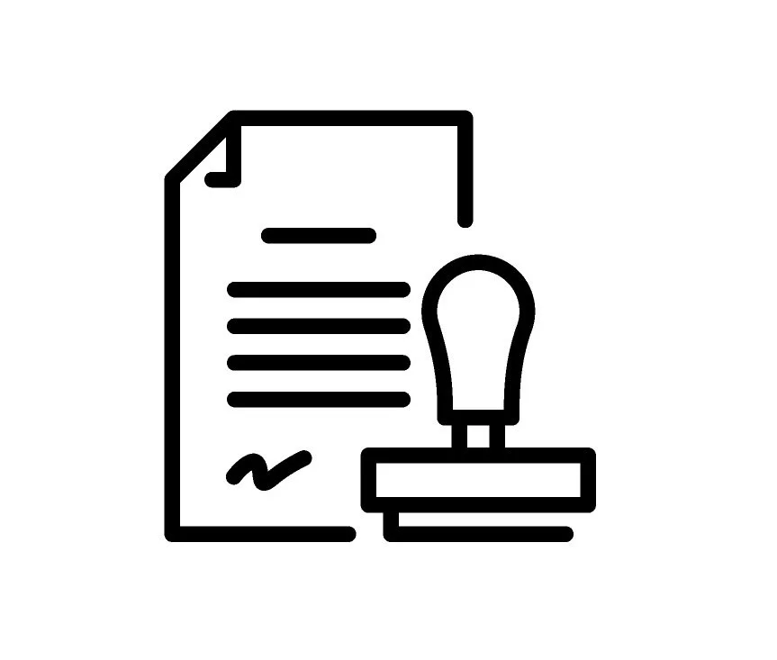 Icon of a document with lines of text and a signature, next to a rubber stamp. We will ensure all documents are stamped and executed on time and professionally .