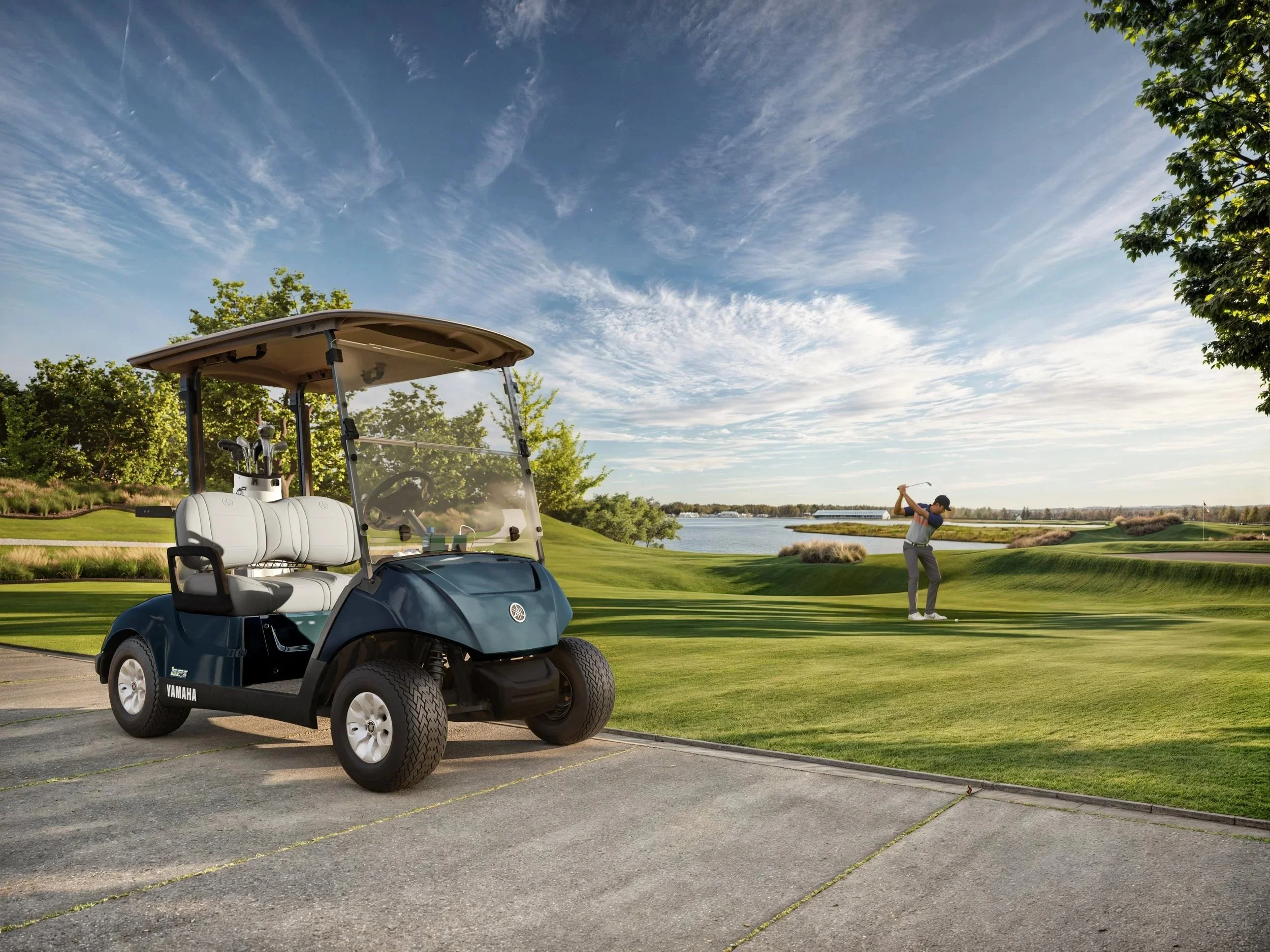 Yamaha golf car on a golf course during a product launch campaign shoot