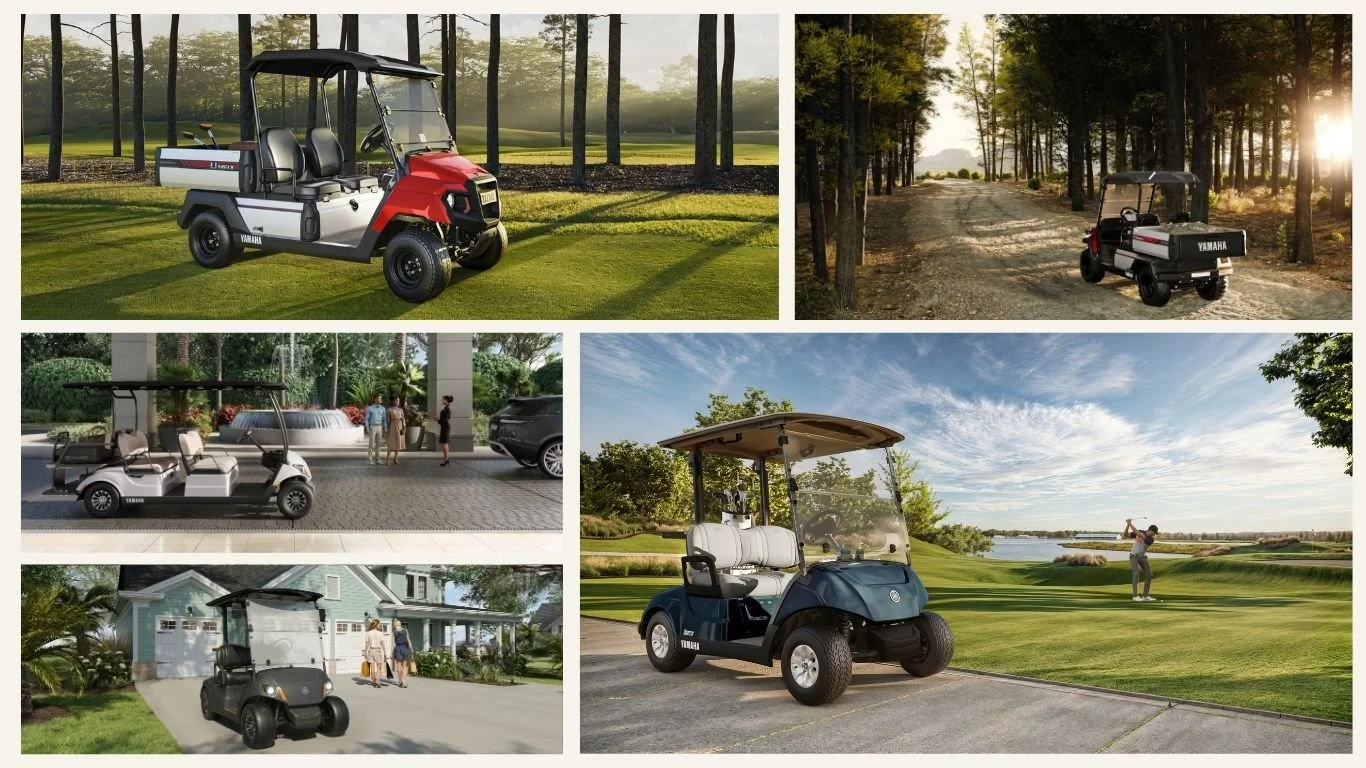 Yamaha golf car campaign visuals across product launch, lifestyle photography, and marketing content