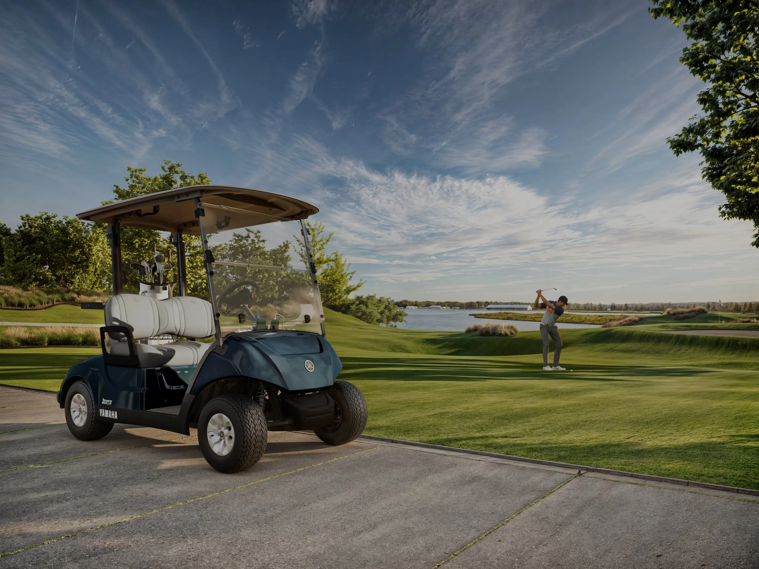 Yamaha golf car on course during product launch campaign shoot with lifestyle golf setting