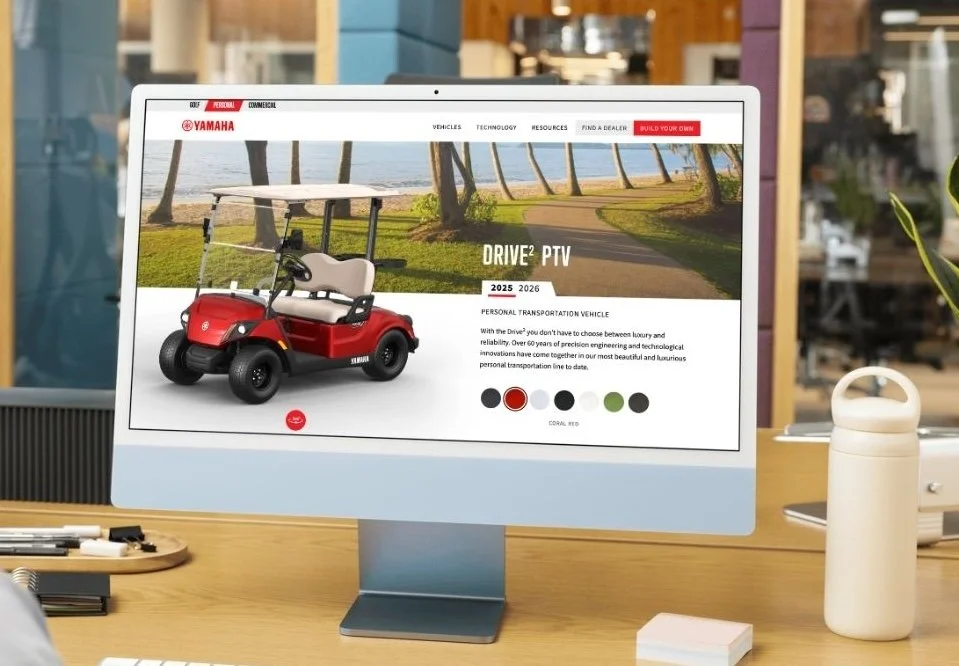 Yamaha Drive2 golf car product configurator website showing color options and digital marketing experience