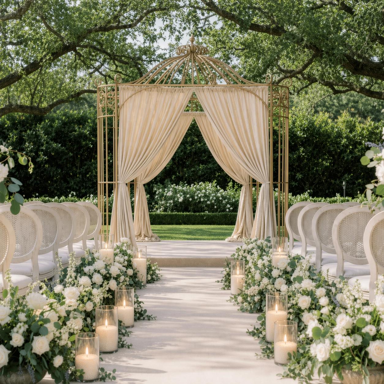 Outdoor wedding ceremony setup with a golden wedding arch draped in cream curtains, white chairs, floral arrangements, and lit pearl wax candles along the aisle on a bright day under trees.