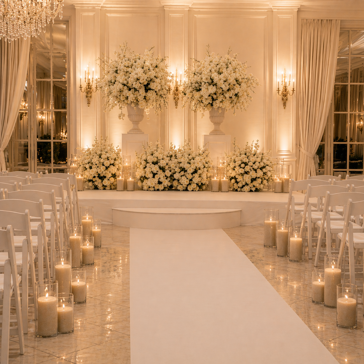 Elegant wedding ceremony setup with white floral arrangements, tall vases, pearl wax candles, and white chairs in a grand room with large windows, draped curtains, and ornate wall sconces.