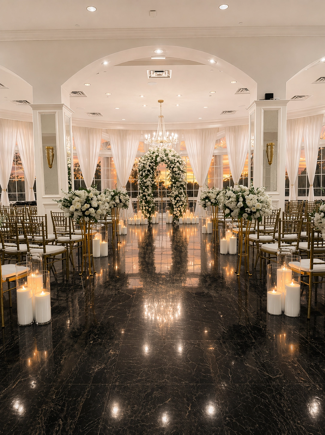 Elegant indoor wedding ceremony setup with white floral arrangements, pearl wax candles, and a chandelier, overlooking a sunset through large windows.