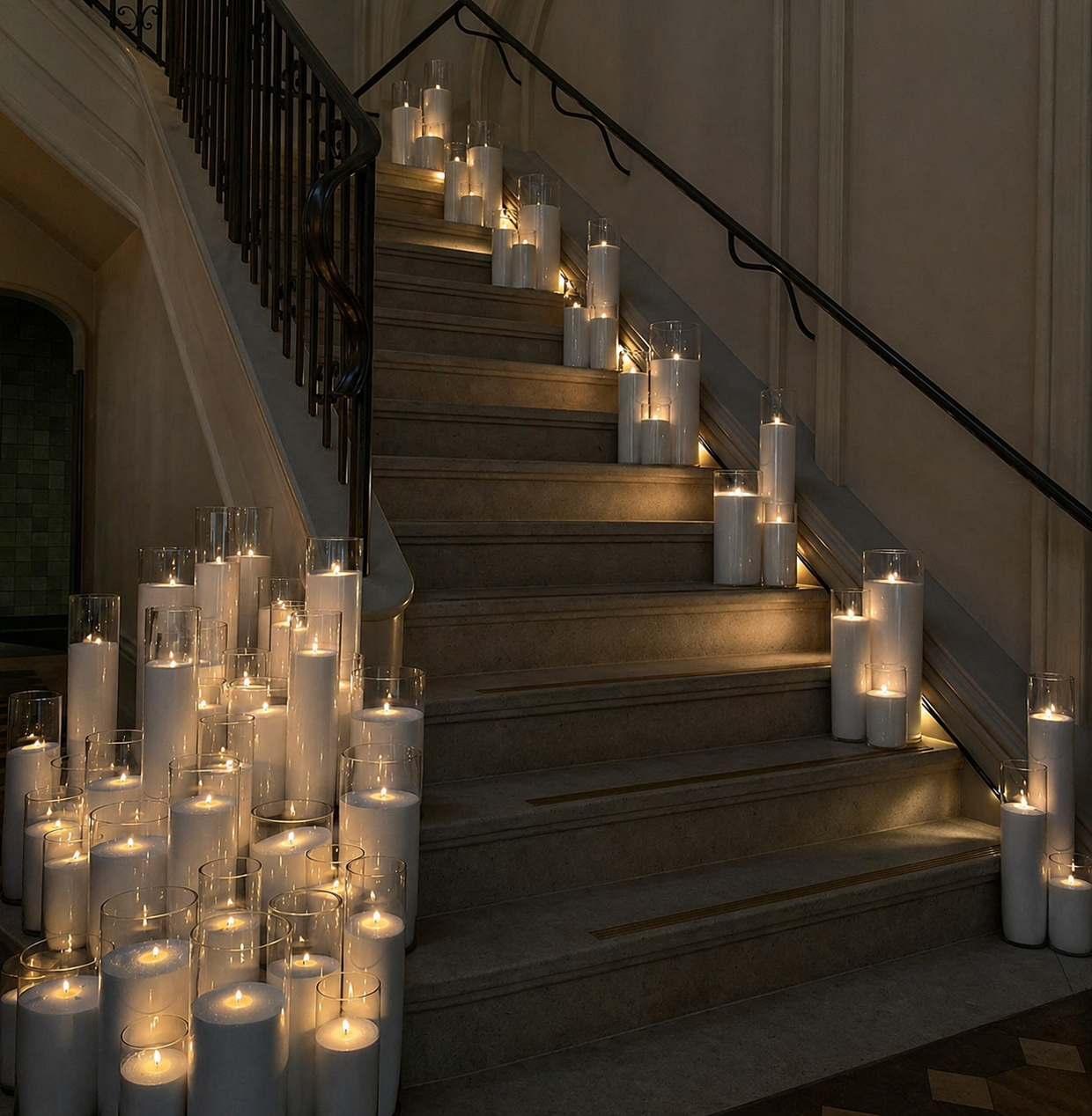 Indoor staircase decorated with multiple white pearl wax candles in tall glass holders, set along the steps and at the base for a warm, ambient glow.