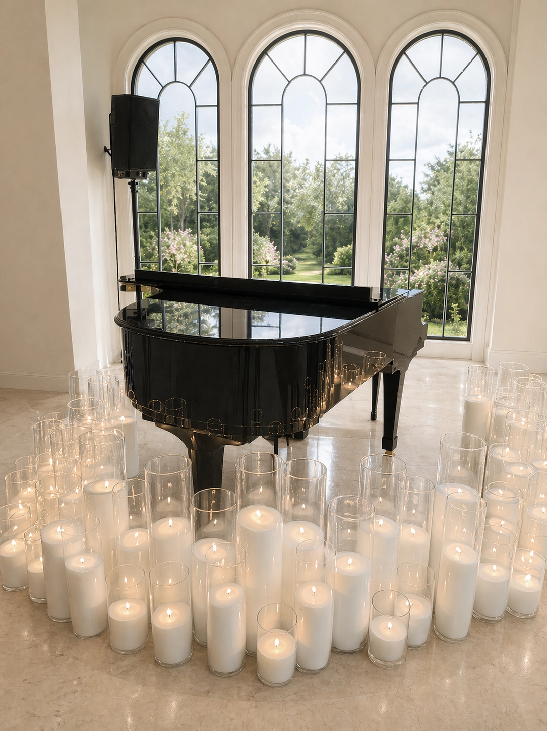 Black grand piano surrounded by white pearl wax candles in glass holders, in front of three large arched windows with a view of greenery and flowers outside.