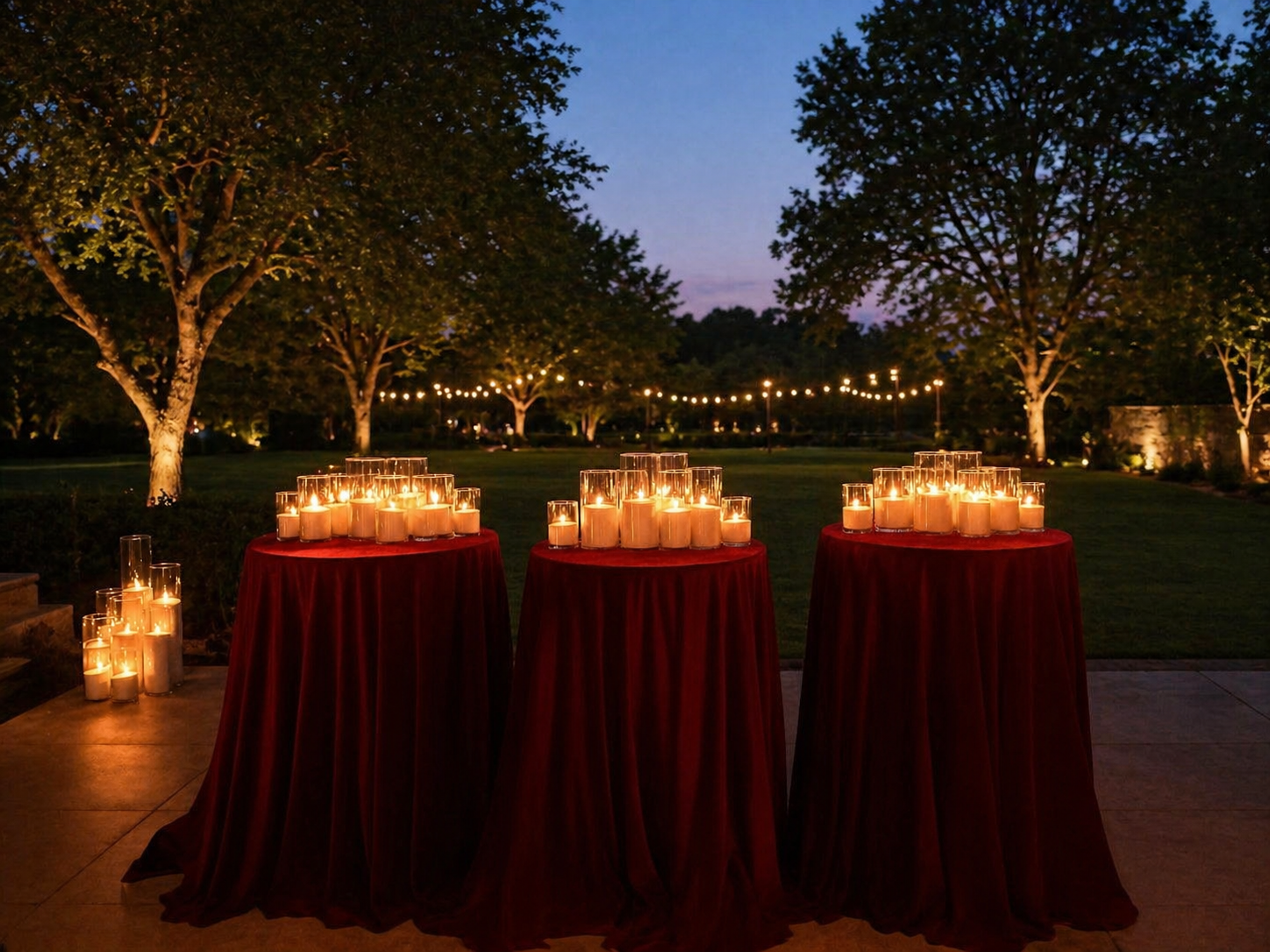 Three tables draped with cloths holding pearl wax candles in glass vessels, set outdoors at dusk with trees and string lights in the background.