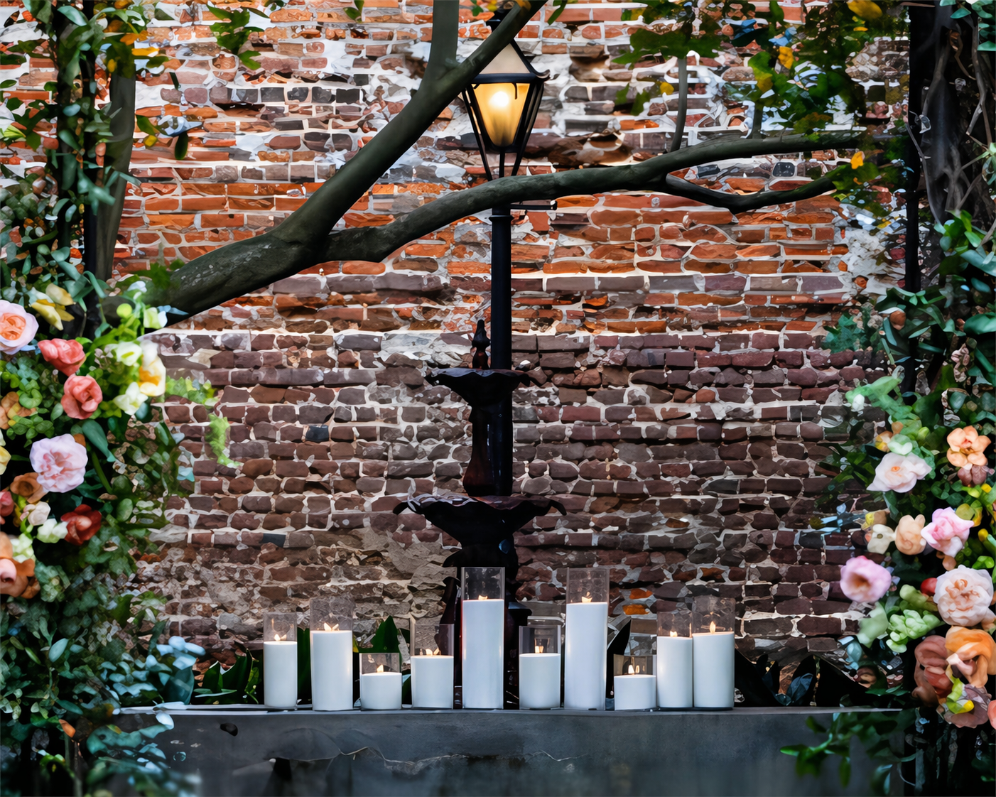 A setup with white pearl wax candles and flowers arranged against a brick wall, with a tree branch extending across the scene and a lantern hanging from a lamp post.