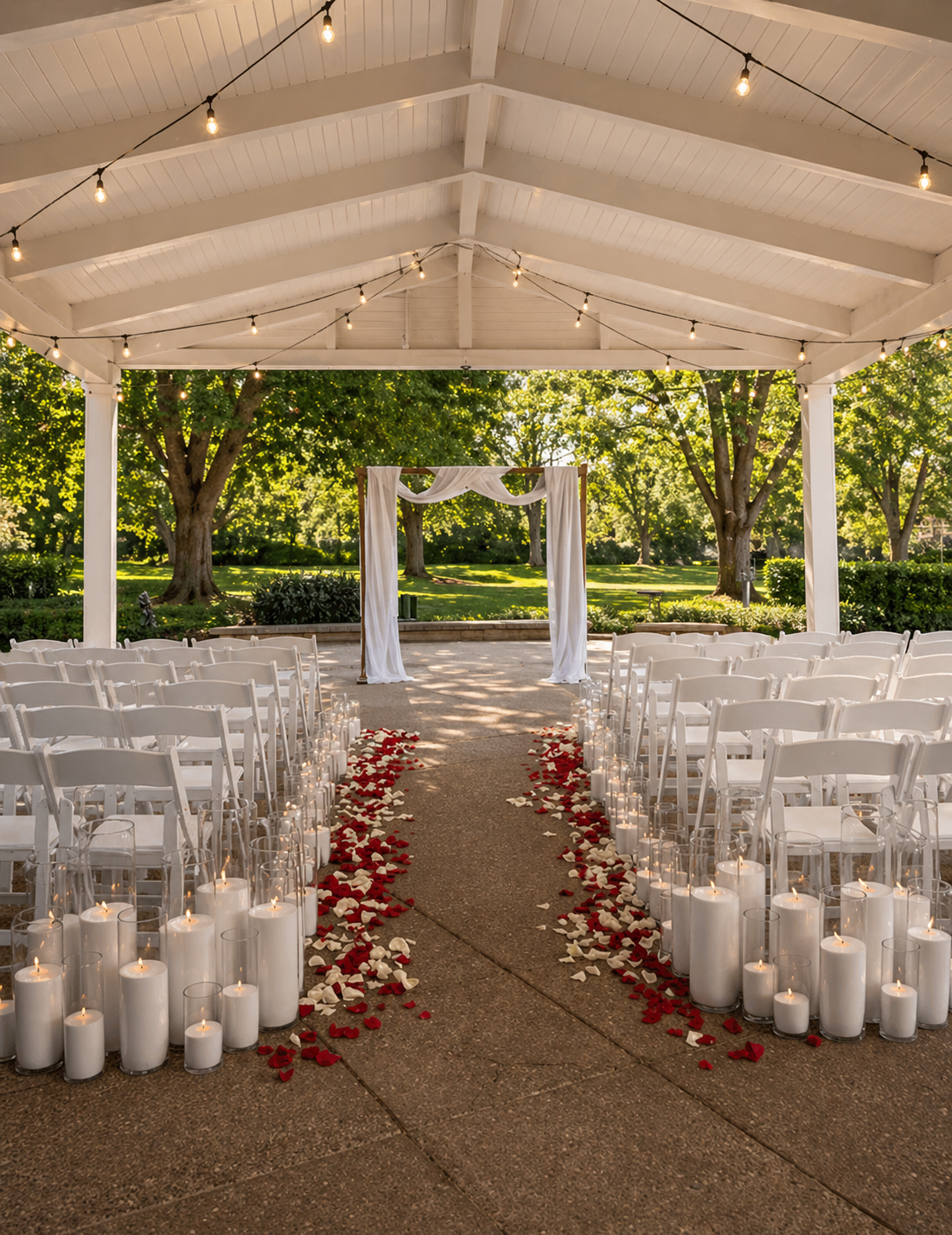 Outdoor wedding ceremony setup under a white pavilion with string lights, white chairs, floral petals, and pearl wax candles lining the aisle, overlooking a green park with trees.