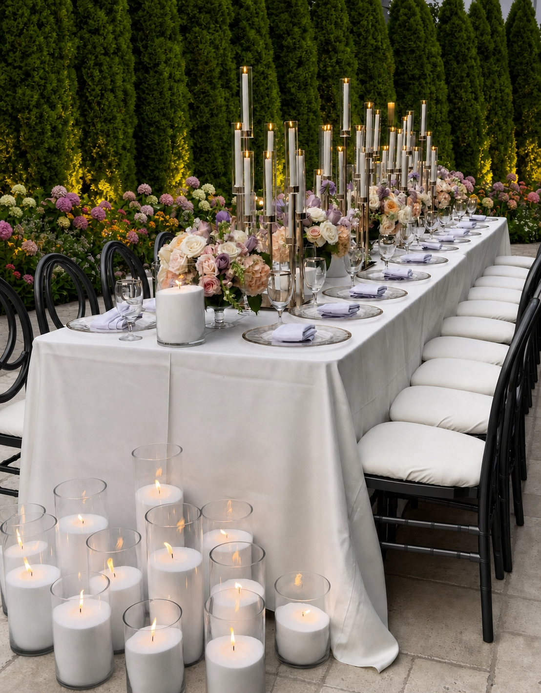 Wedding, elegant outdoor dinner table with white tablecloth, floral centerpieces, pearl wax candles, and glassware, set against a lush green hedge and colorful flowers.