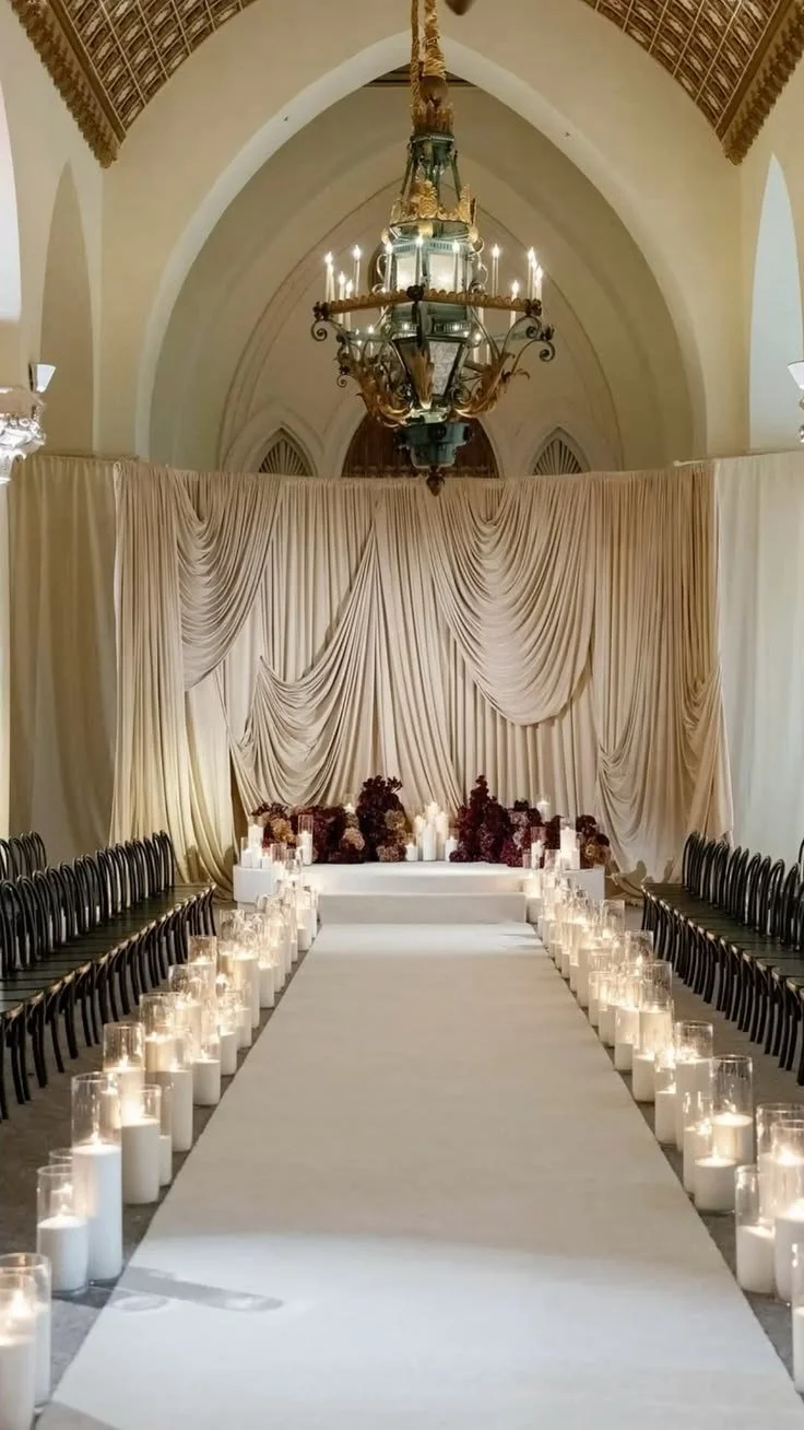 An elegant indoor wedding aisle decorated with white pearl wax candles in glass holders along the sides, leading up to an altar with cream-colored draped fabric and flowers. Arched ceiling and ornate chandelier.