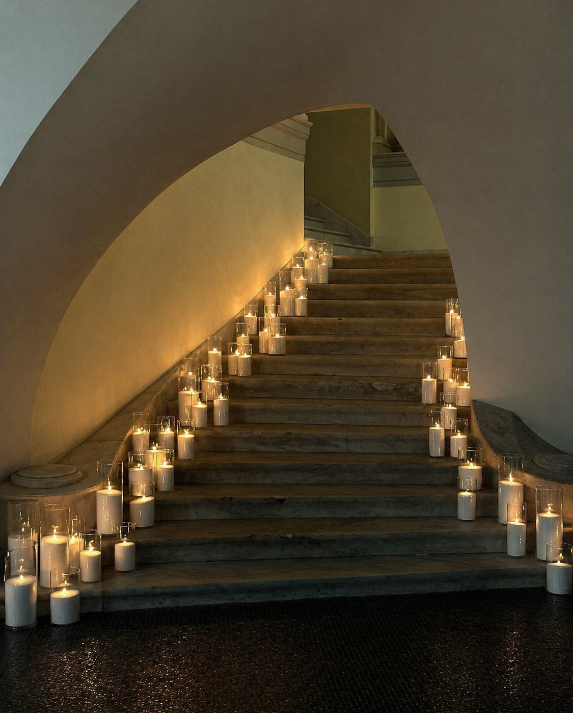 Indoor staircase decorated with numerous lit white pearl wax candles in glass holders along the steps, under an arched ceiling.
