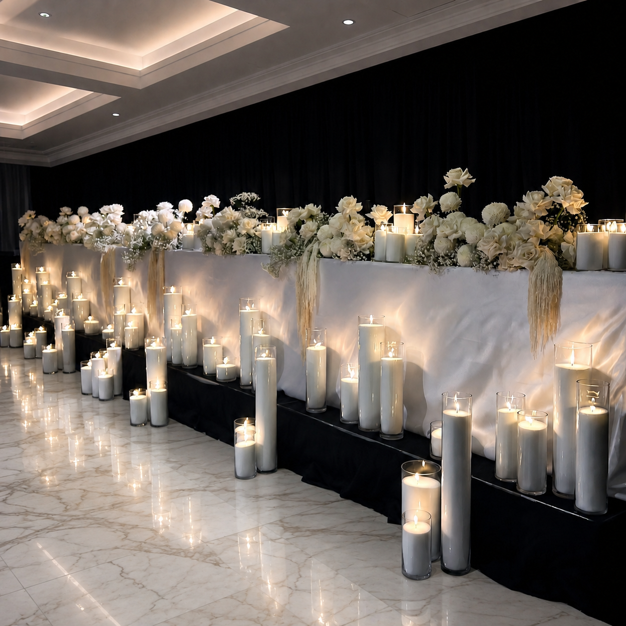 A decorated table for a wedding or special event with white flowers and numerous pearl wax candles in glass vases.