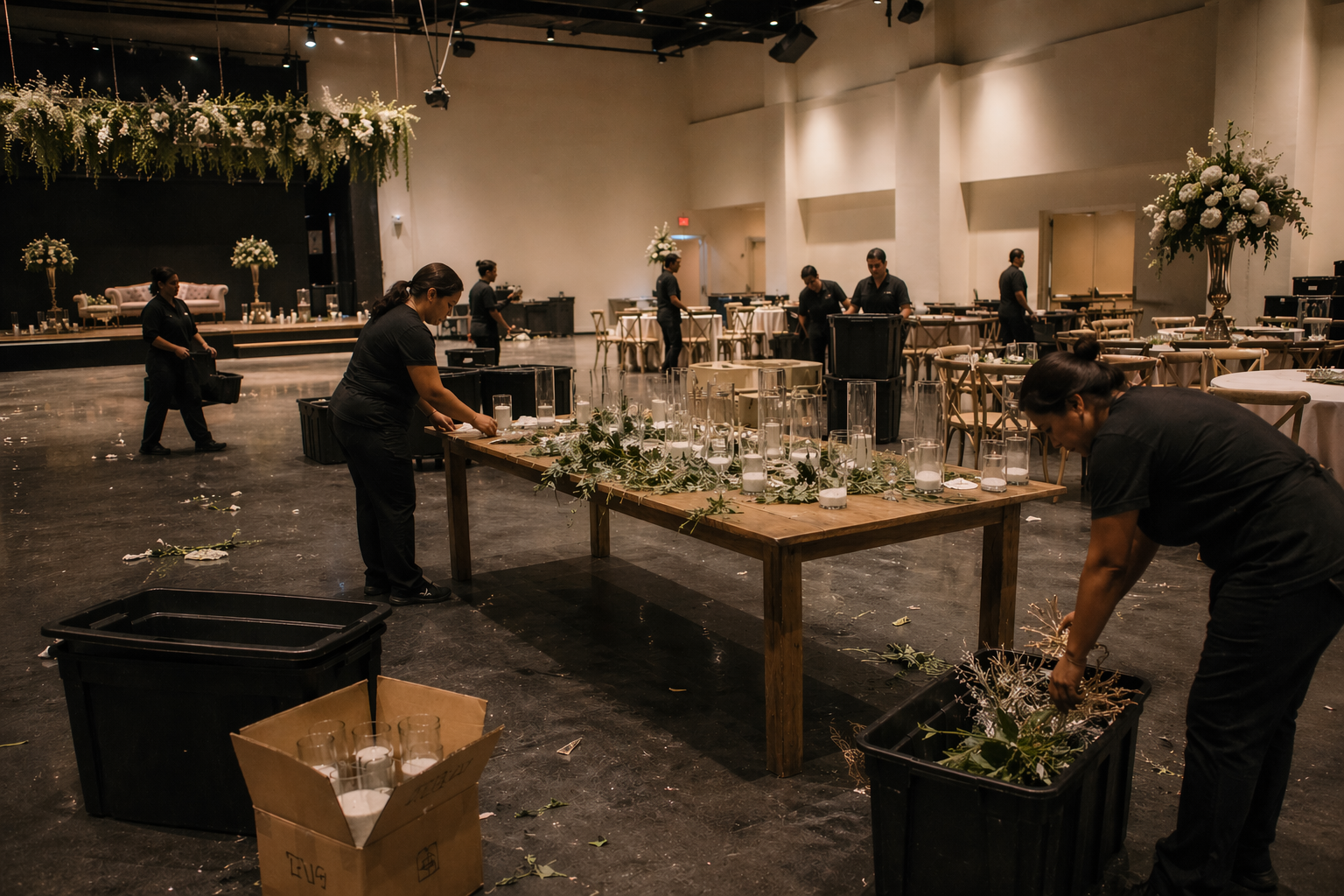 Event staff cleaning up floral arrangements and pearl wax candle decor in a large banquet hall from a wedding or celebration.