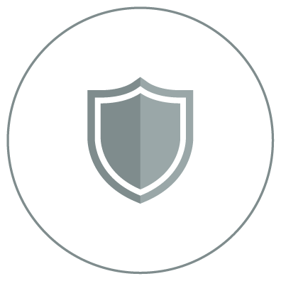 A shield icon with a gray outline on a white circular background.