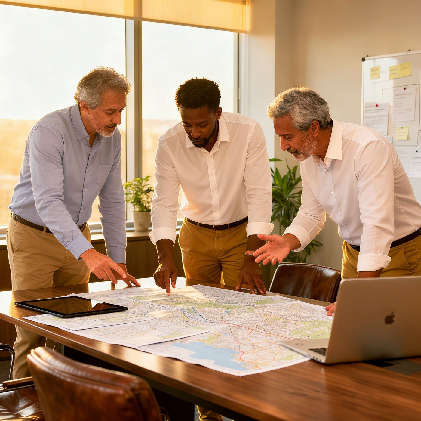 Three men are gathered around a table looking at maps, with a laptop and a tablet on the table, in a bright office with large windows.