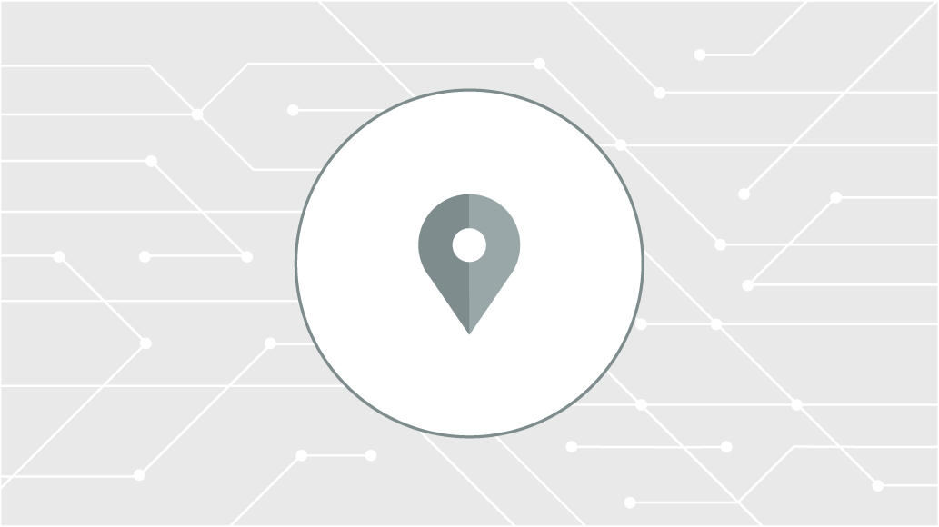 Abstract digital illustration of a location pin icon centered on a gray and white circuit board background.
