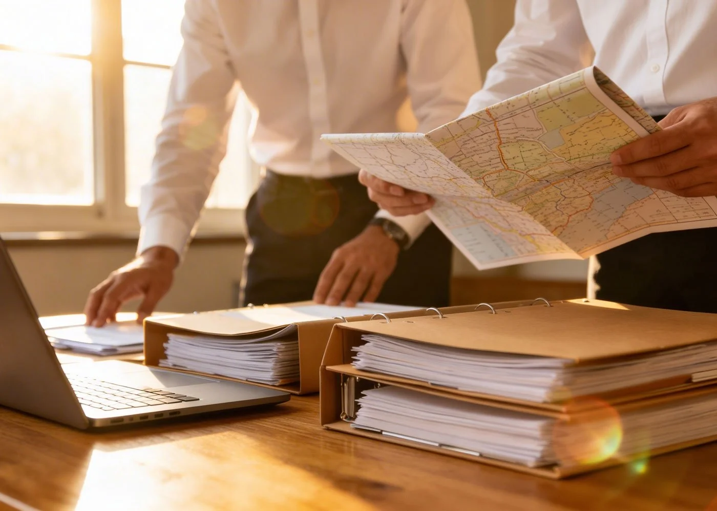Two people in business attire working at a desk with binders, papers, a laptop, and a map, illuminated by sunlight through a window.