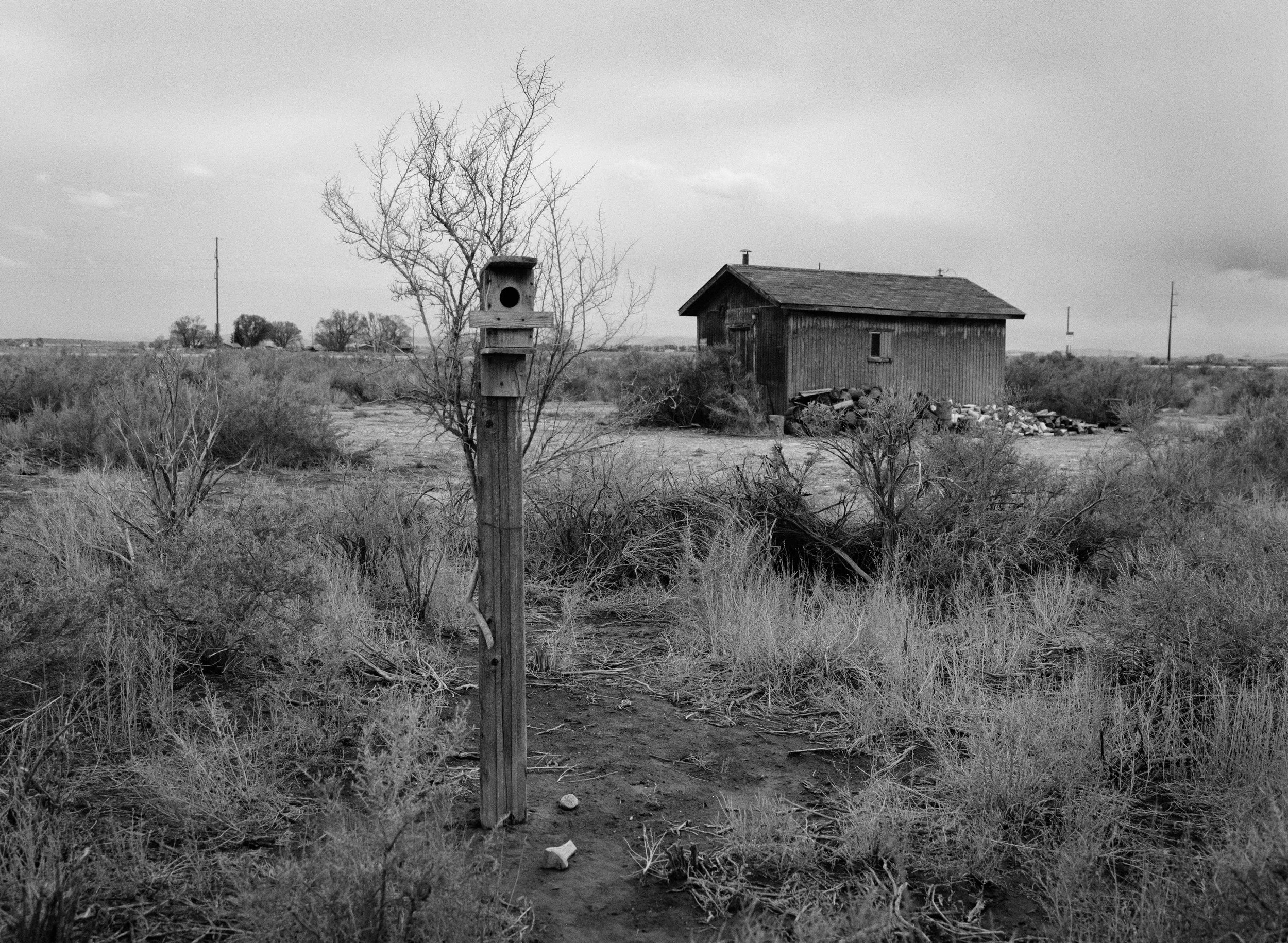 Black and white photo of a barren desert landscape with a weathered birdhouse on a post in the foreground, and an old wooden house with a pile of rocks nearby in the background.