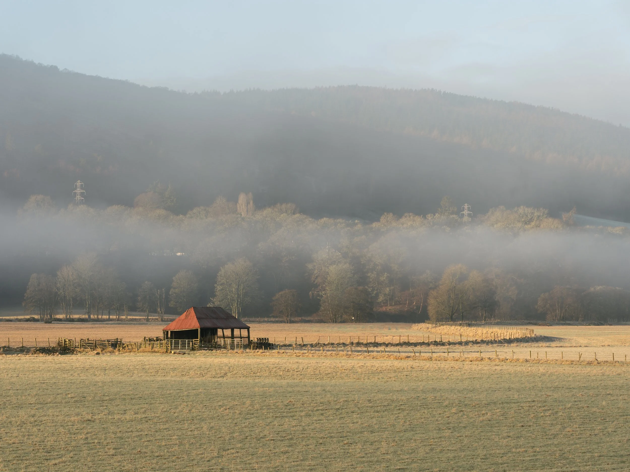 A foggy rural landscape with a small barn, open fields, scattered trees, and a mountain range in the background.