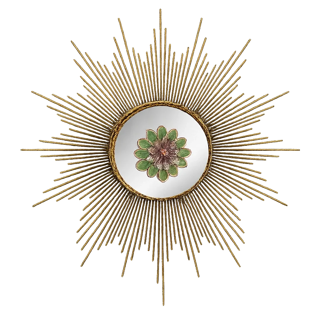 Gold decorative sunburst mirror with a central floral design reflected in the mirror.