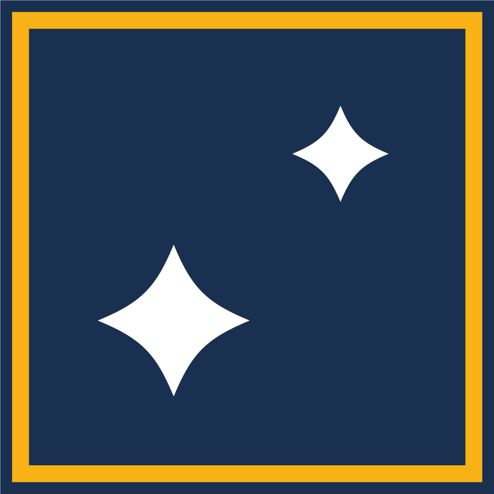 A dark blue background with two white sparkling star shapes, framed by a yellow border.