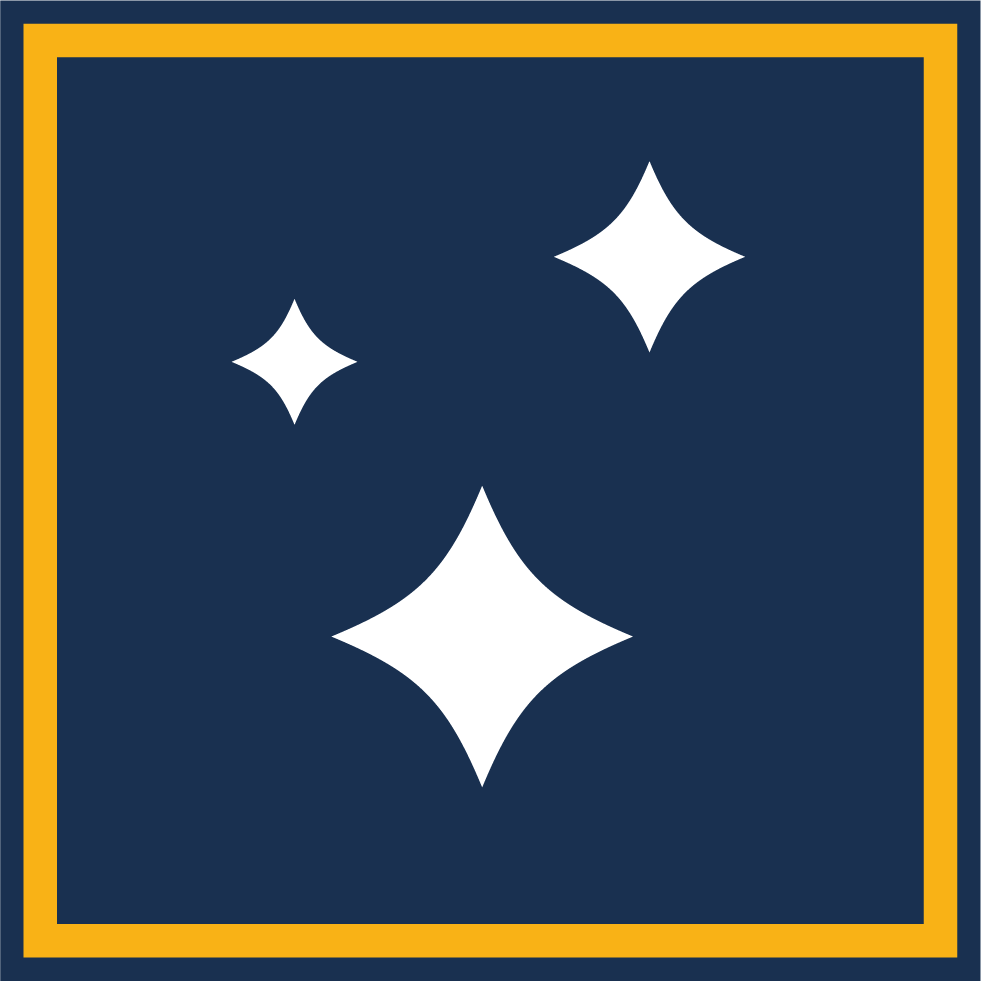 A stylized logo with a dark blue background, three white sparkling stars, and a yellow border.