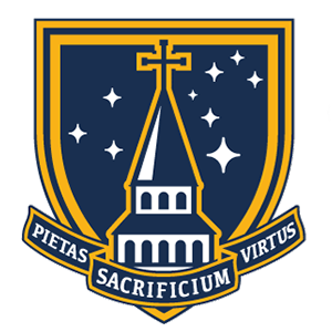 Emblem featuring a church steeple with stars in the background, and a ribbon with Latin text 'PIETAS SACRIFICIUM VIRTUS'.