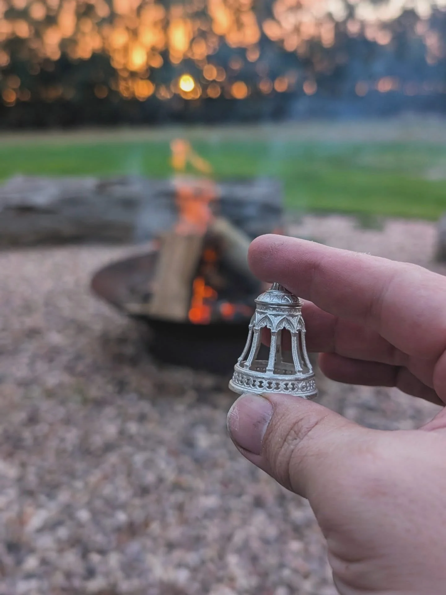 Fireside Memorial Bell Pendant WIP.

Mixed feelings... About a lot of things.  This weekend "grief getaway", doing absurd gratuitous filming of making things that I so often criticize, the concept of "promoting" this kind of work 
