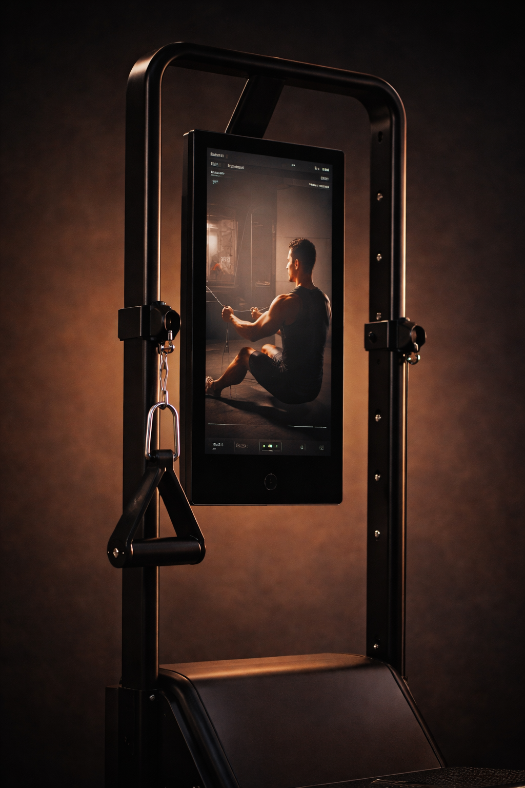 A fitness machine with a screen displaying a man sitting and stretching in a gym setting.