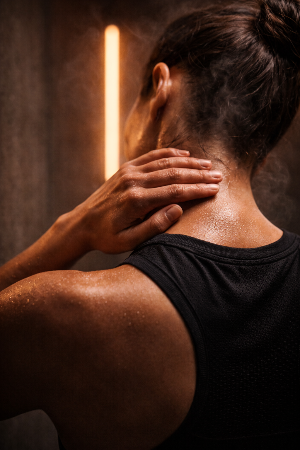 A person with sweat on their neck and shoulder, wearing a black athletic top, touching their neck with their right hand, in a dimly lit gym or fitness area with a vertical light in the background.