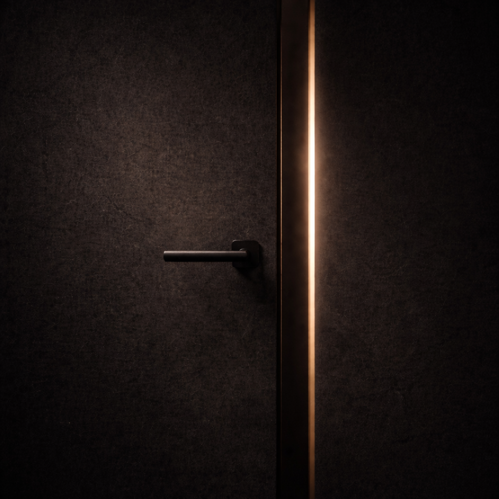 A black door with a horizontal handle, slightly open, revealing a narrow strip of light.