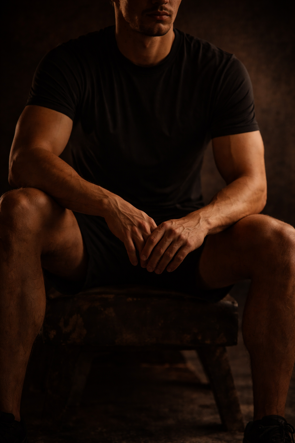A man sitting on a vintage wooden chair, wearing a black t-shirt and shorts, with his legs apart and hands resting on his knees, in a low-lit setting with a dark background.
