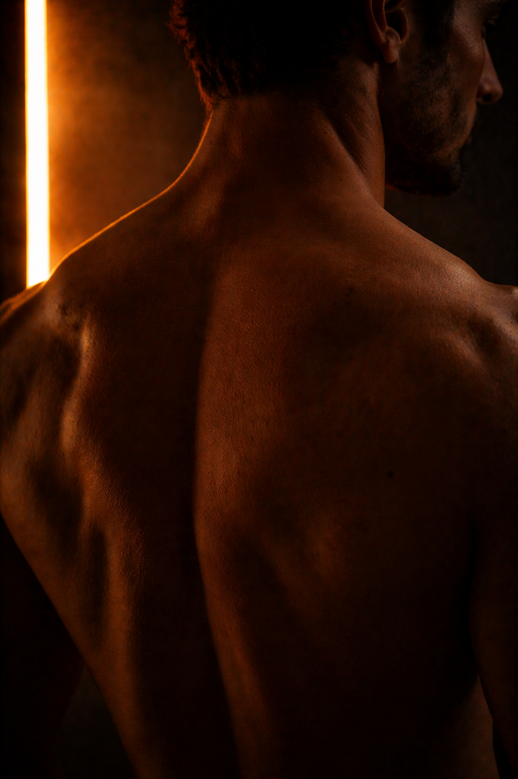 Rear view of a shirtless man with dark skin, lit by a warm light source on the left, revealing his neck, shoulder, and upper back against a dark background.