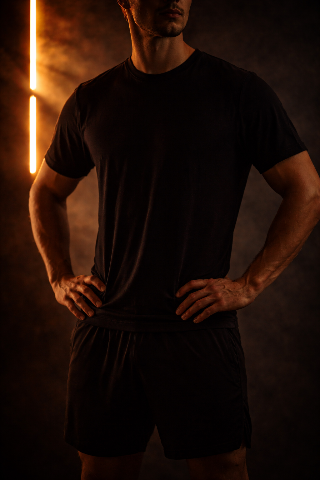 Man in black athletic wear with hands on hips, standing in front of orange neon light and smoky background.