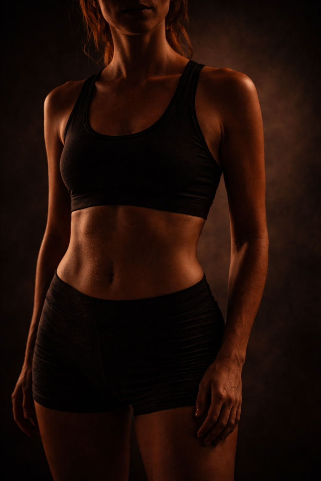 A woman in black athletic wear, including a sports bra and shorts, standing with a dark background.